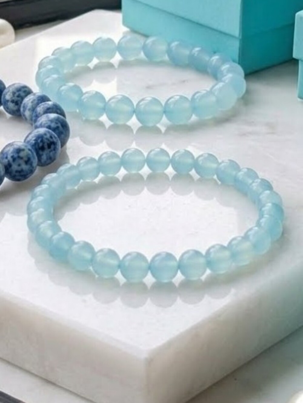 Glass Beaded Bracelets In Blue- Choose Size- 6mm Or 8mm - Picture 3 of 4